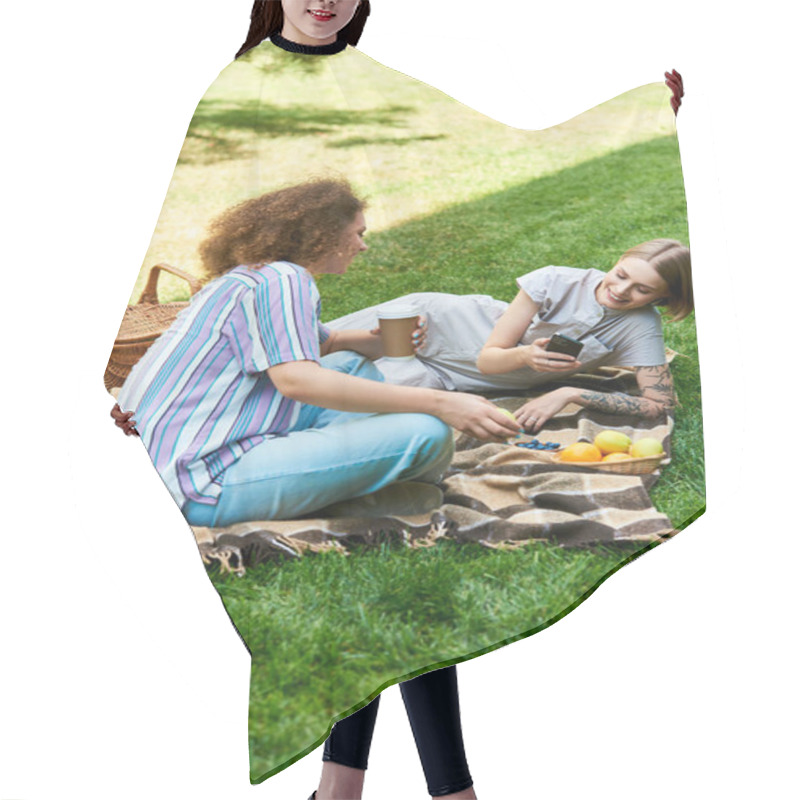 Personality  Friends Sit On A Blanket Sharing Laughter And Snacks While Enjoying A Sunny Day Outdoors. Hair Cutting Cape