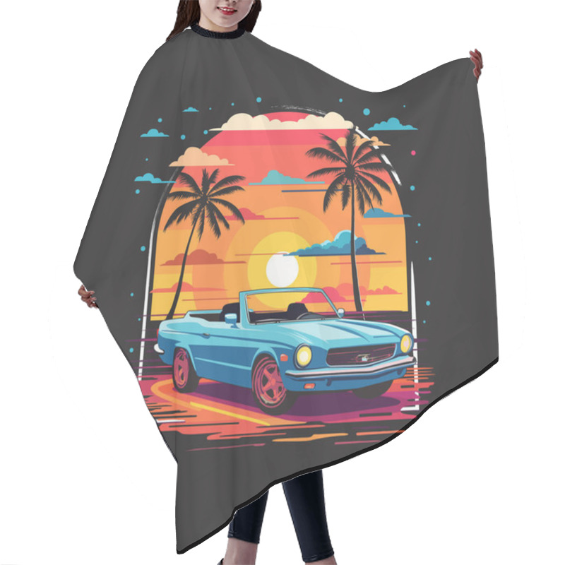 Personality  Illustration Of Blue  Car In The Sunset Vibes. Perfect For T-shirt, Logo,  Sticker, And Others. Fit To Use In Summer Season. Automotive Vector Illustration Arts. Hair Cutting Cape