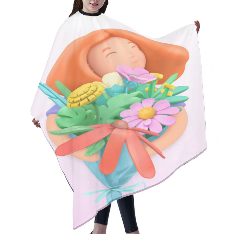 Personality  Woman With A Bouquet Of Wildflowers. 3d Vector Plasticine Art Object Hair Cutting Cape