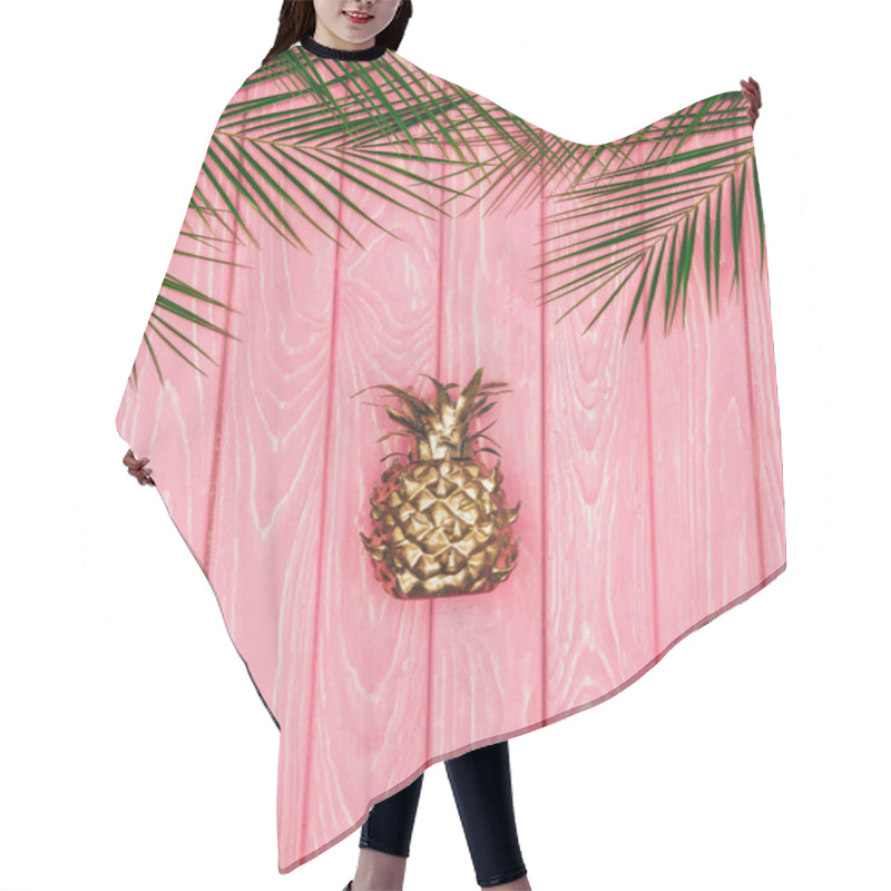 Personality  Top View Of Golden Pineapple And Palm Leaves On Pink Wooden Surface Hair Cutting Cape