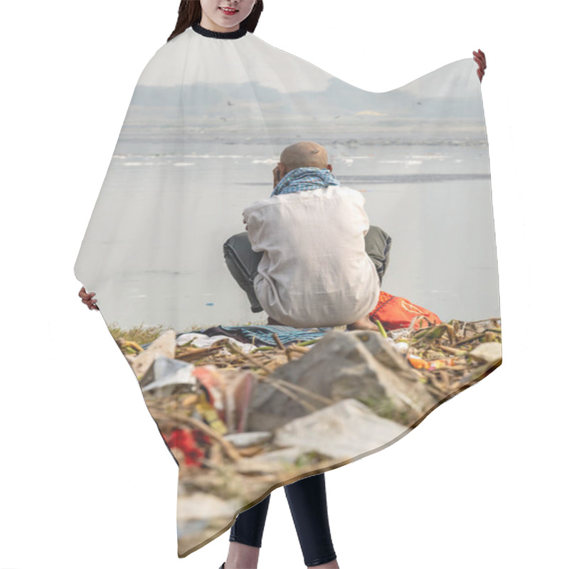 Personality  Isolated Man Looking At Polluted River With Toxic Foam At Morning Image Is Taken At Yamuna River Okhla Barrage Delhi India. Hair Cutting Cape