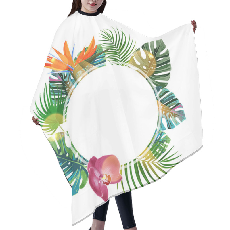 Personality  Tropical Plants Cicle Design Template. Bird Of Paradise, Monstera, Palm Leaves Composition With Blan Space. Hair Cutting Cape