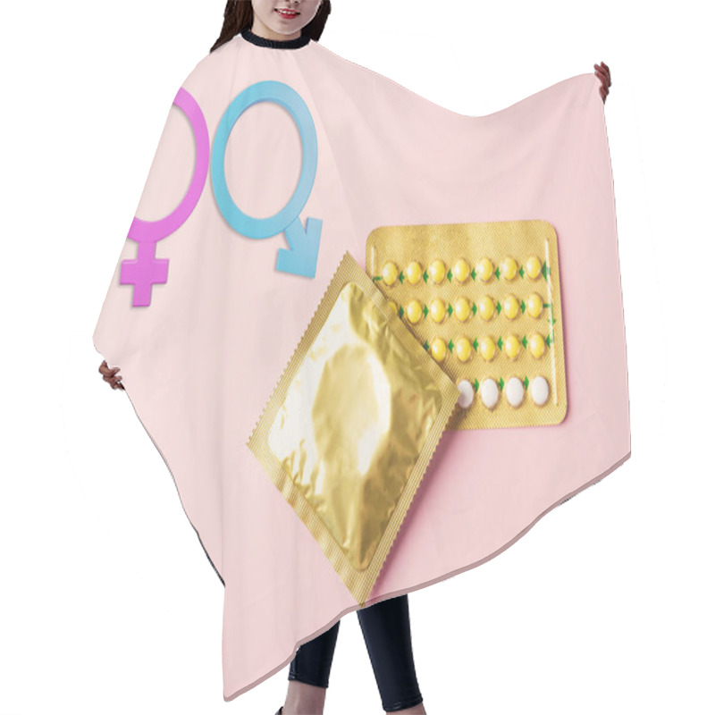 Personality  World Sexual Health Or Aids Day, Condom In Wrapper Pack And Contraceptive Pills Blister Hormonal Birth Control Pills And Male And Female Gender Signs On A Pink Background, Safe Sex Concept Hair Cutting Cape