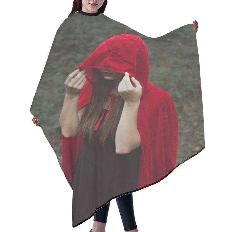 Personality  Mystic Woman In Red Cloak And Hood In Dark Woods Hair Cutting Cape