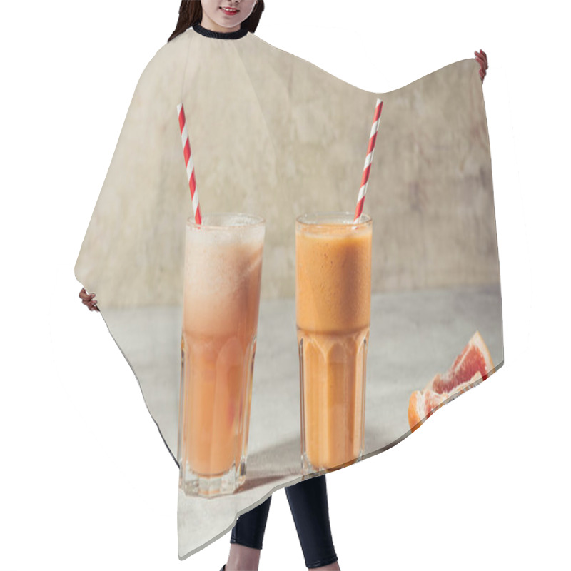 Personality  Fresh Juice In Glasses With Orange And Grapefruit Pieces On Table Hair Cutting Cape