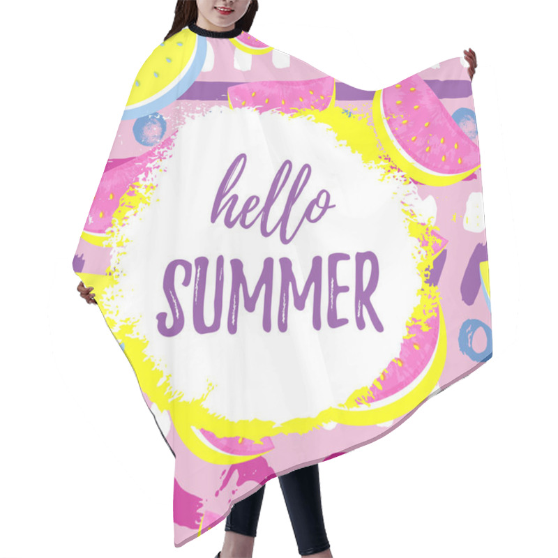 Personality  HELLO SUMMER Greeting Banner. Seamless Watermelon Pattern Isolated On Hand Drawn Pop Art Background. Hair Cutting Cape