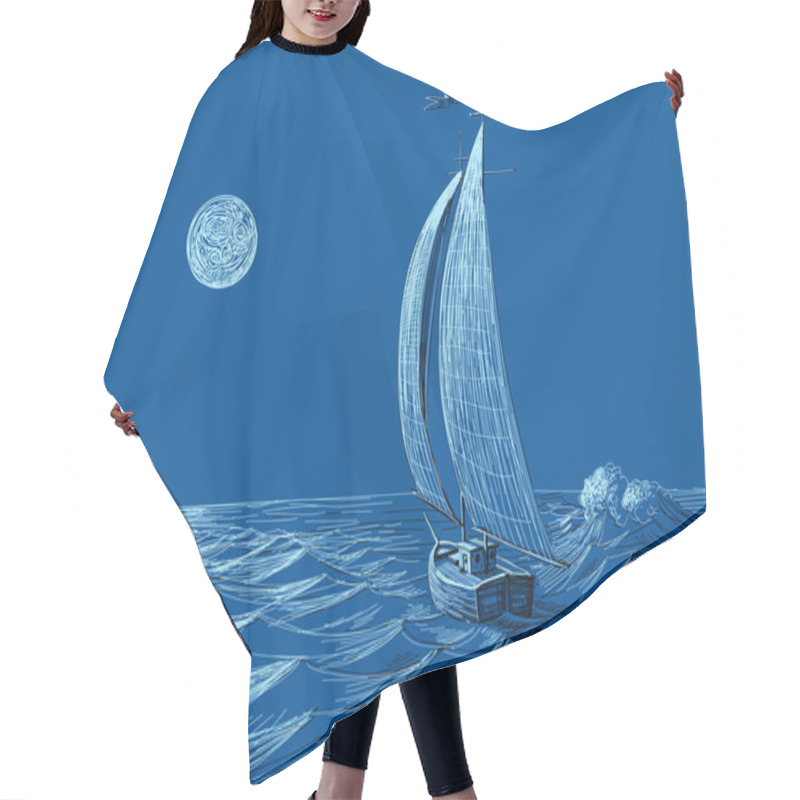 Personality  Night Sea View Sail Boat In The Moonlight Hair Cutting Cape