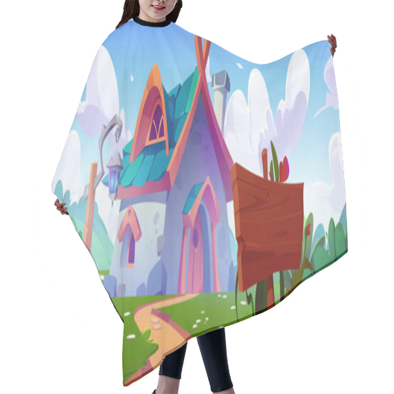 Personality  Fantasy House With Garden In Magic Village Cartoon Background. Gnome, Wizard Or Elf Home With Fantastic Nature Landscape. Rural Medieval Building Design With Signboard And Lantern On Grass Meadow Hair Cutting Cape