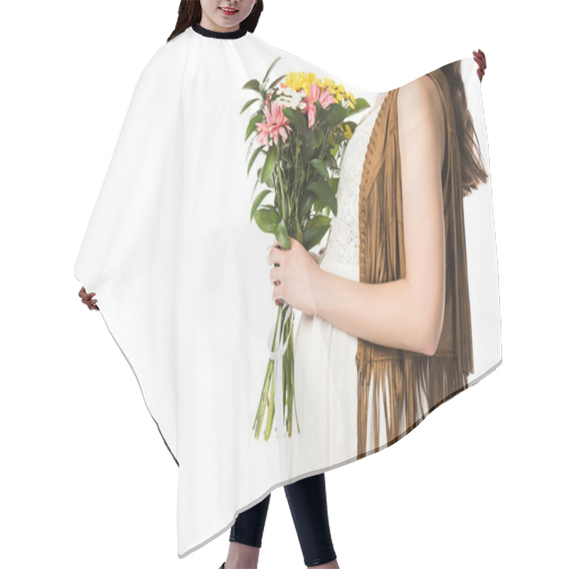 Personality  Cropped View Of Pregnant Boho Woman Holding Flowers Isolated On White Hair Cutting Cape