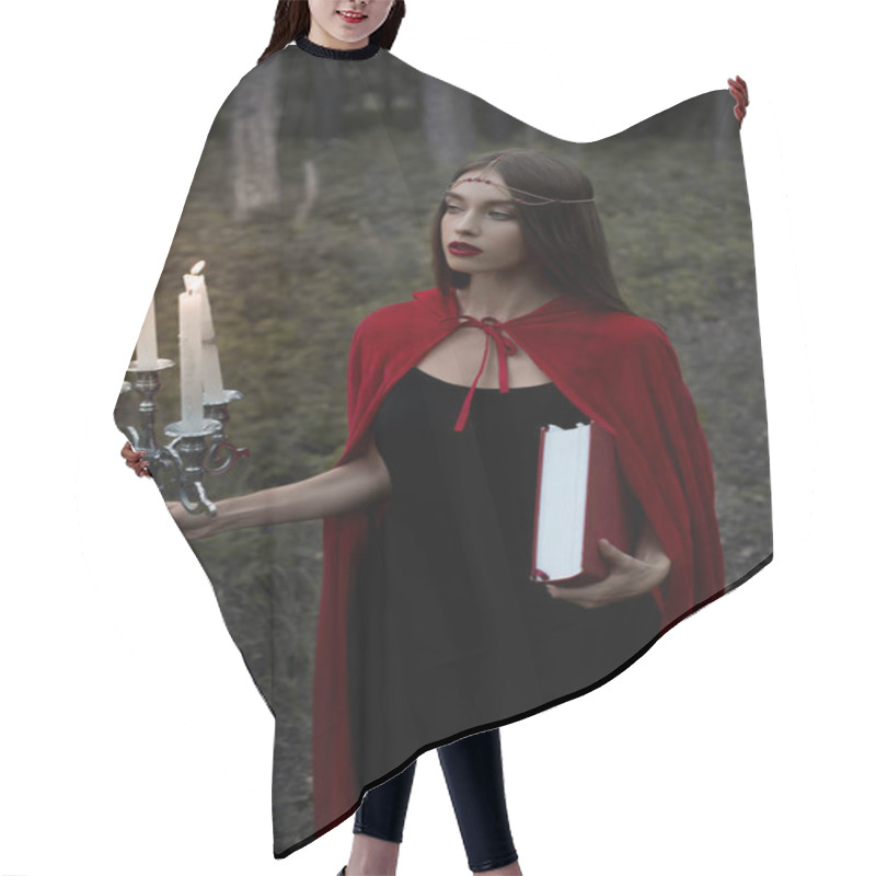 Personality  Mystic Girl In Red Cloak Holding Candelabrum With Flaming Candles And Magic Book In Forest Hair Cutting Cape