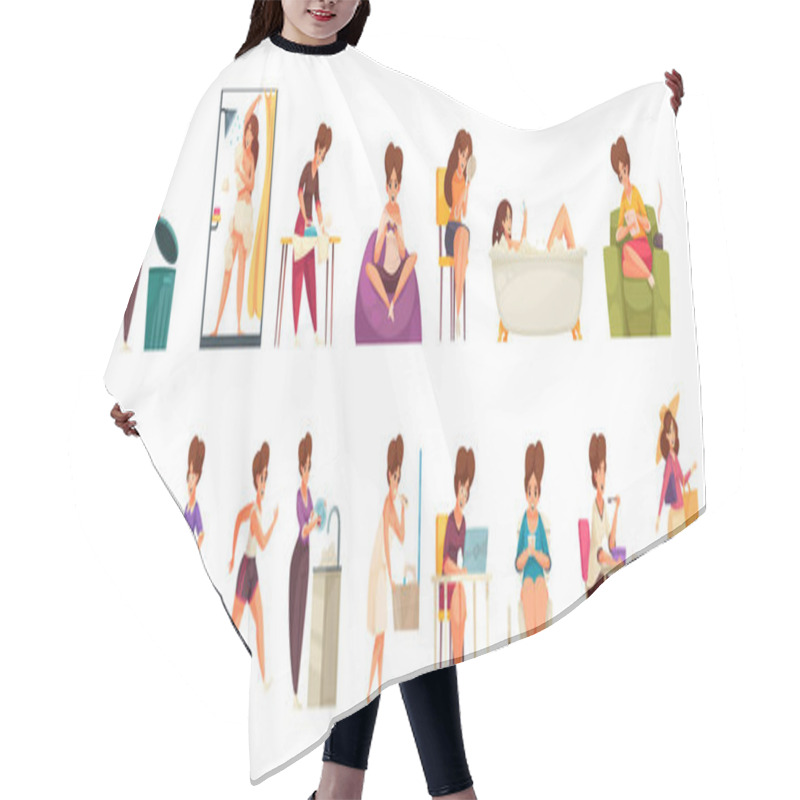 Personality  Daily Woman Routine Cartoon Set Hair Cutting Cape