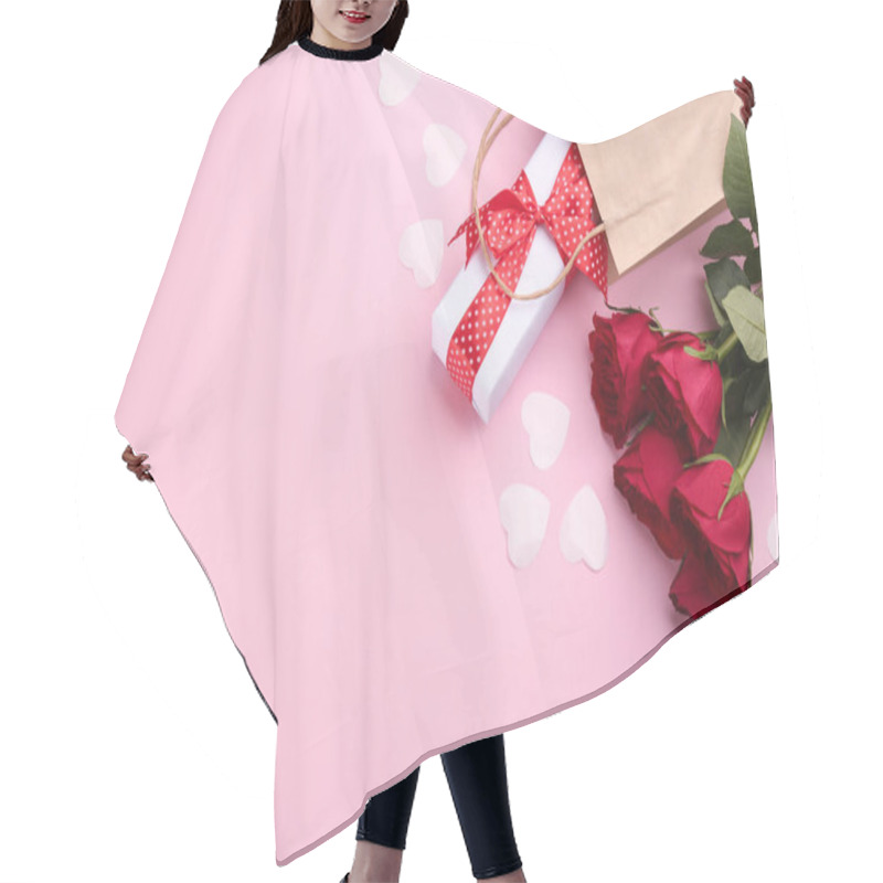 Personality  Beautiful Gift Box, Roses And Hearts On Pink Background, Flat Lay With Space For Text. Valentine's Day Celebration Hair Cutting Cape