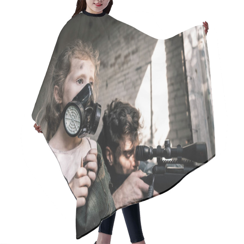 Personality  Selective Focus Of Kid In Gas Mask Near Man With Gun, Post Apocalyptic Concept Hair Cutting Cape