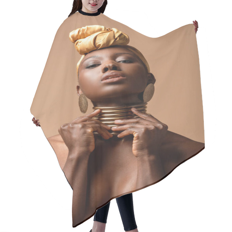 Personality  Sexy Naked Tribal Afro Woman Posing Isolated On Beige Hair Cutting Cape