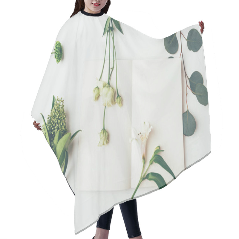 Personality  Top View Of Beautiful Tender Flowers And Plants With Blank Card On Grey Hair Cutting Cape