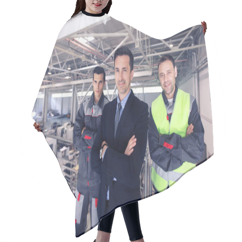 Personality  Manager And Workers In Factory Hair Cutting Cape