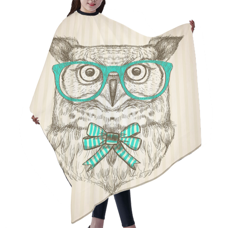 Personality  Cute Card With Hand Drawn Hipster Owl Dressed In Green Glasses. Hair Cutting Cape