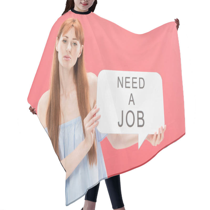 Personality  Redhead Girl Holding Speech Bubble With Inscription Need A Job Isolated On Pink Hair Cutting Cape