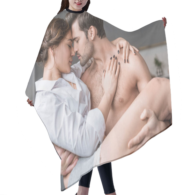 Personality  Passionate Shirtless Man Holding In Arms Attractive Girlfriend  Hair Cutting Cape