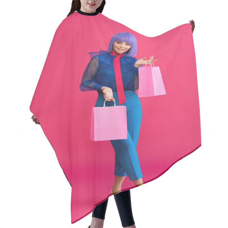 Personality  Fashionable Girl In Purple Wig Holding Shopping Bags, On Pink Hair Cutting Cape