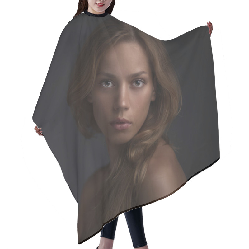 Personality  Portrait Of Young Woman On Dark Backround Hair Cutting Cape