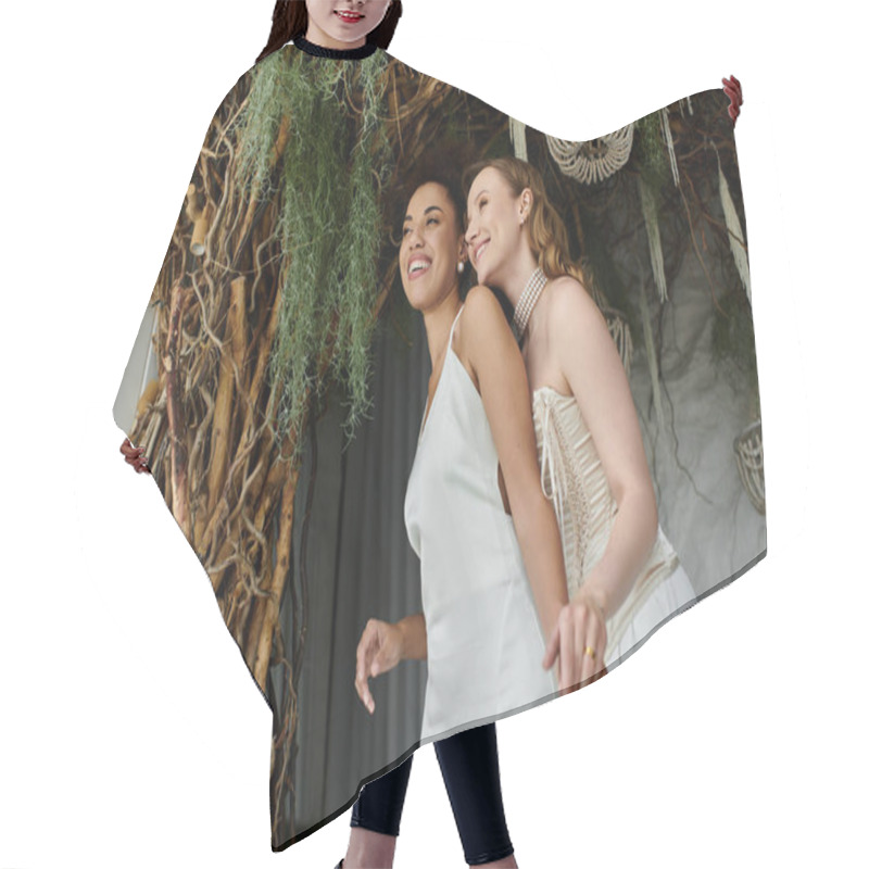 Personality  Two Brides Stand Smiling At Their Wedding Ceremony. Hair Cutting Cape