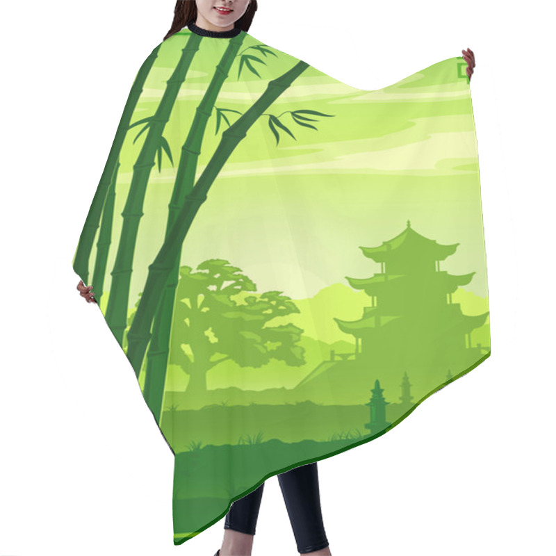 Personality  Green Vector Background, Illustration, Asia, China Temple And Bamboo Hair Cutting Cape