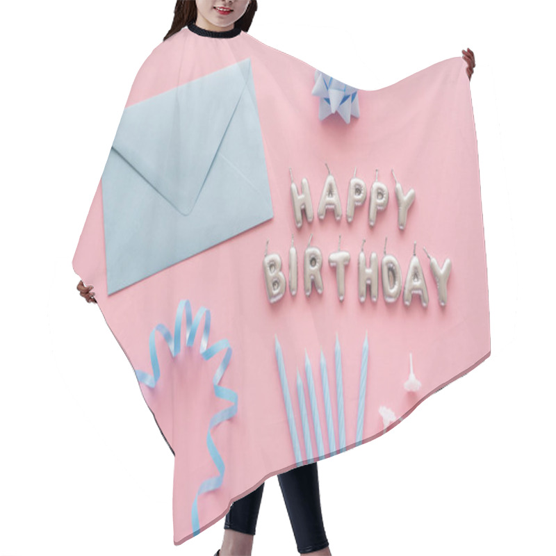 Personality  Top View Of Candles In Shape Of Happy Birthday Lettering Near Blue Envelope And Serpentine On Pink Background  Hair Cutting Cape