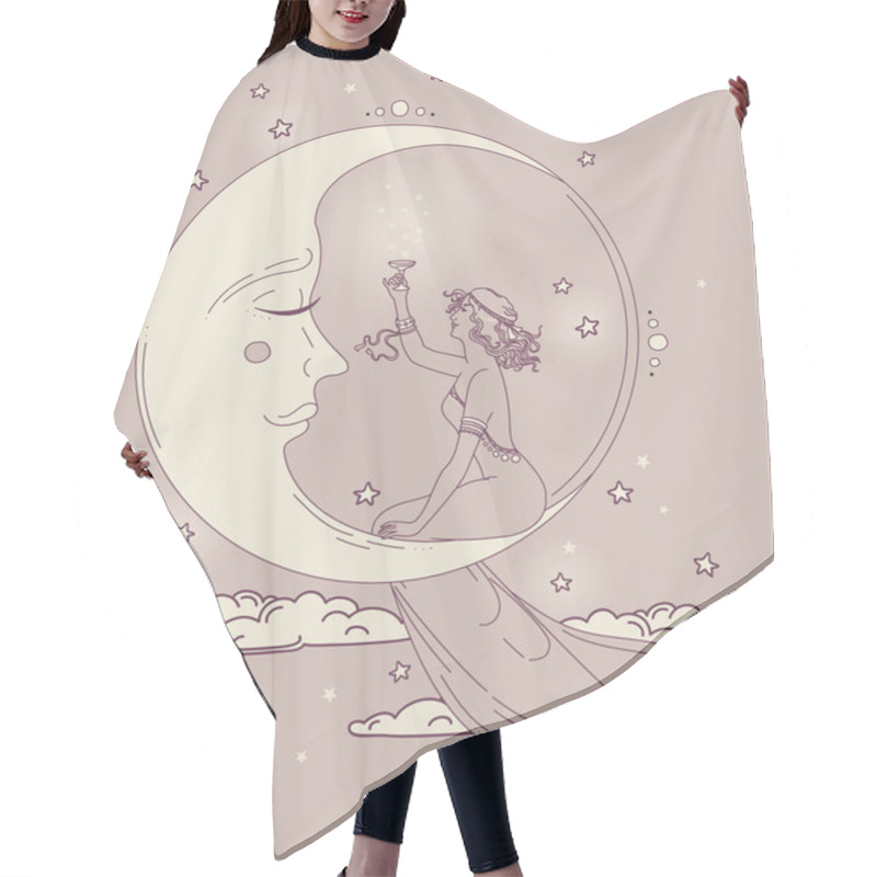 Personality  Beautiful Poster In Art Nouveau Style With Party Woman And Moon In Starry Sky Hair Cutting Cape