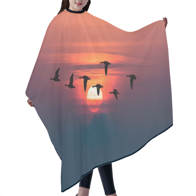 Personality  Geese Flying Against Red Sky Background Hair Cutting Cape