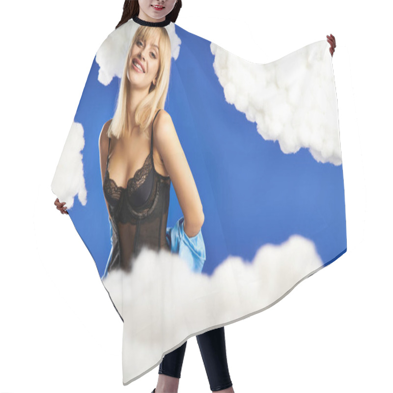 Personality  Alluring Blonde Woman In Vibrant Lingerie Poses Amidst Fluffy Clouds In A Dreamy Setting. Hair Cutting Cape