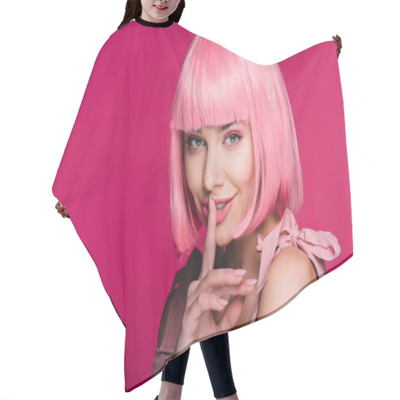 Personality  Sensual Fashionable Girl In Pink Wig Showing Hush Sign, Isolated On Pink Hair Cutting Cape