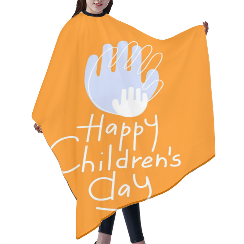 Personality  Illustration Of Abstract Adult And Child Hand Prints Near Happy Children Day Lettering On Orange Hair Cutting Cape