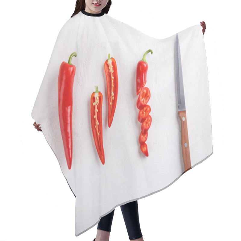 Personality  Set Of Fresh Whole, Halved And Sliced Red Pepper On White Background. Top View, Copy Space. Hair Cutting Cape