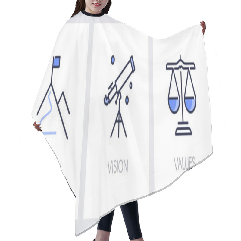 Personality  Mission, Vision And Values Of Company. Business Concept. Web Page Template. Metaphors With Blue Icons Such As Goal, Climb Up, Telescope, New Horizons And Pair Of Scales. Hair Cutting Cape