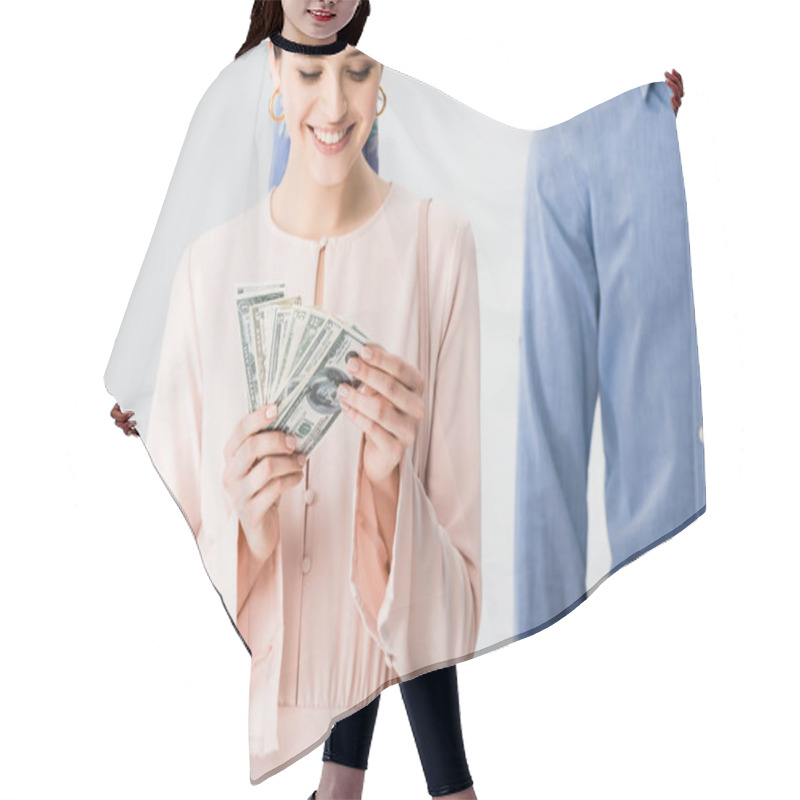 Personality  Beautiful Smiling Girl Near Mannequin Counting Money Isolated On Grey Hair Cutting Cape