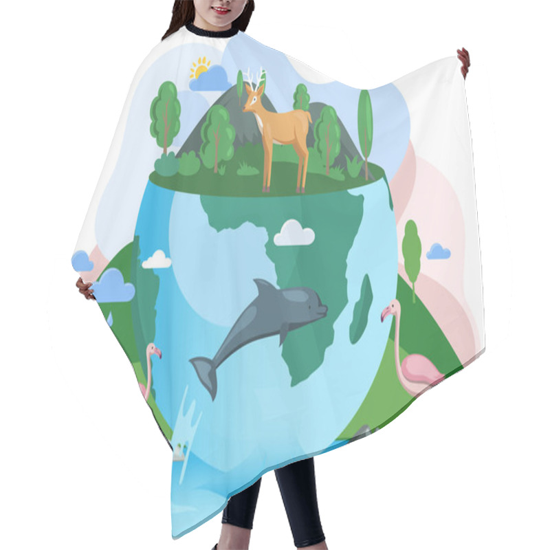 Personality  Green Ecosystem Of Earth. Flamingo, Deer And Dolphin On Planet. Climate And Weather Change Hair Cutting Cape