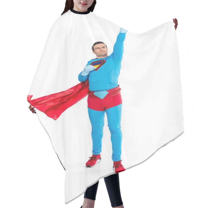 Personality  Full Length View Of Male Superhero In Rubber Gloves Raising Hand And Looking Up Isolated On White Hair Cutting Cape