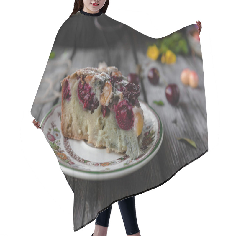 Personality  Piece Of Tasty Cake With Berries And Fruits On Plate On Table Hair Cutting Cape