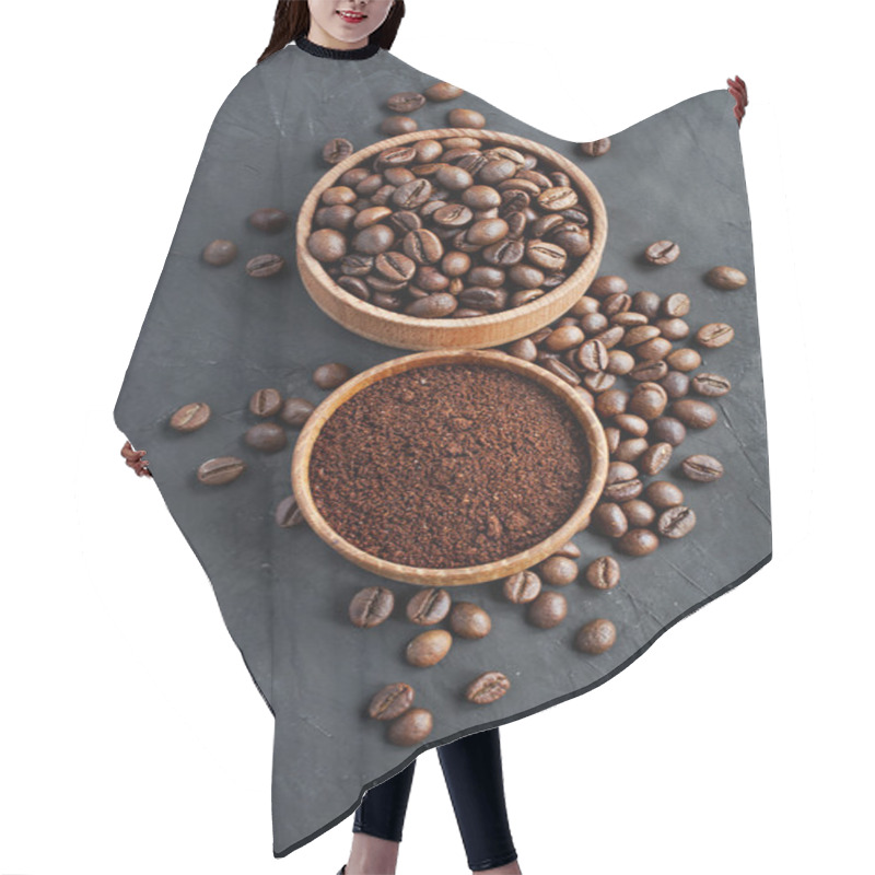 Personality  Coffee Beans And Ground Coffee In A Wooden Bowl  Hair Cutting Cape