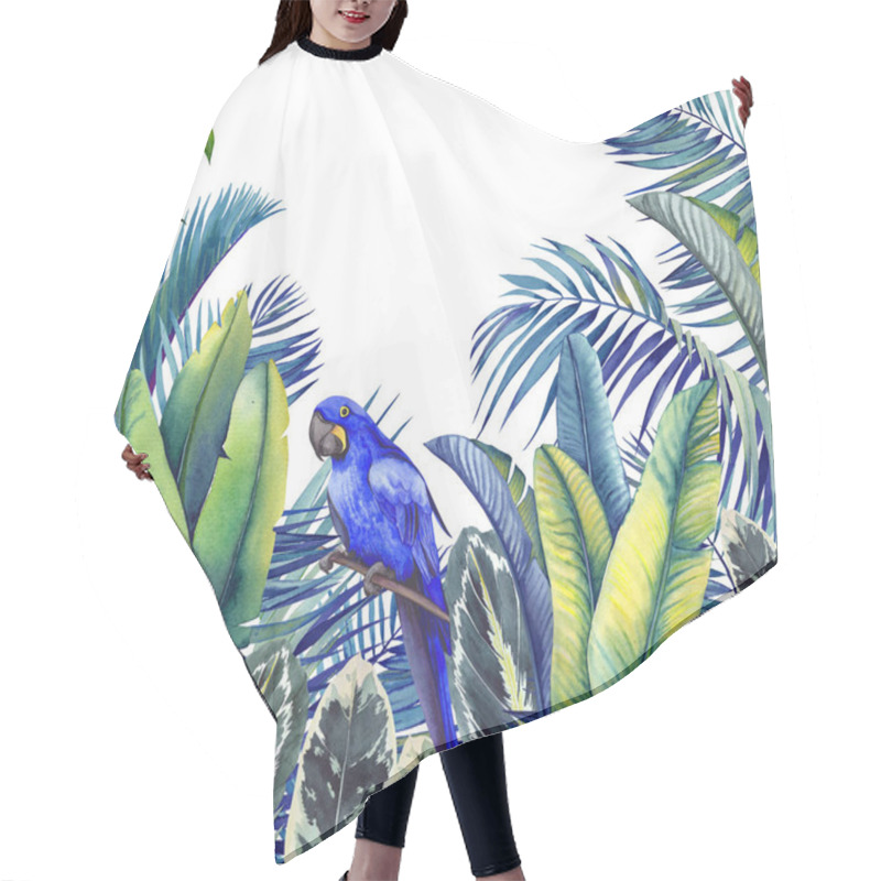 Personality  Tropical Card With Blue Macaw Parrot, Palm Trees, Banana And Calathea Leaves. Watercolor Illustration On White Background. Hair Cutting Cape