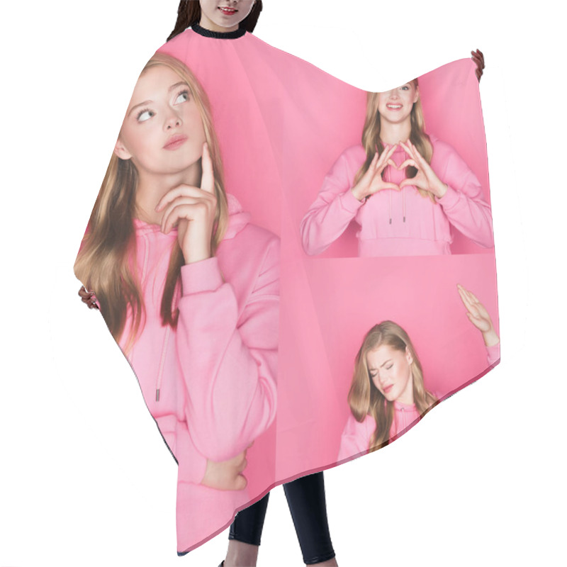 Personality  Collage Of Beautiful Emotional Woman In Hoodie On Pink Background Hair Cutting Cape