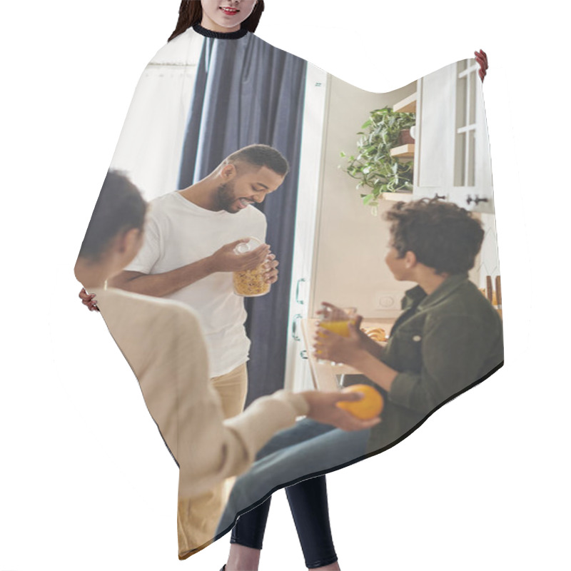 Personality  Diverse Family Engaged In Lively Conversation Around Kitchen Table. Hair Cutting Cape