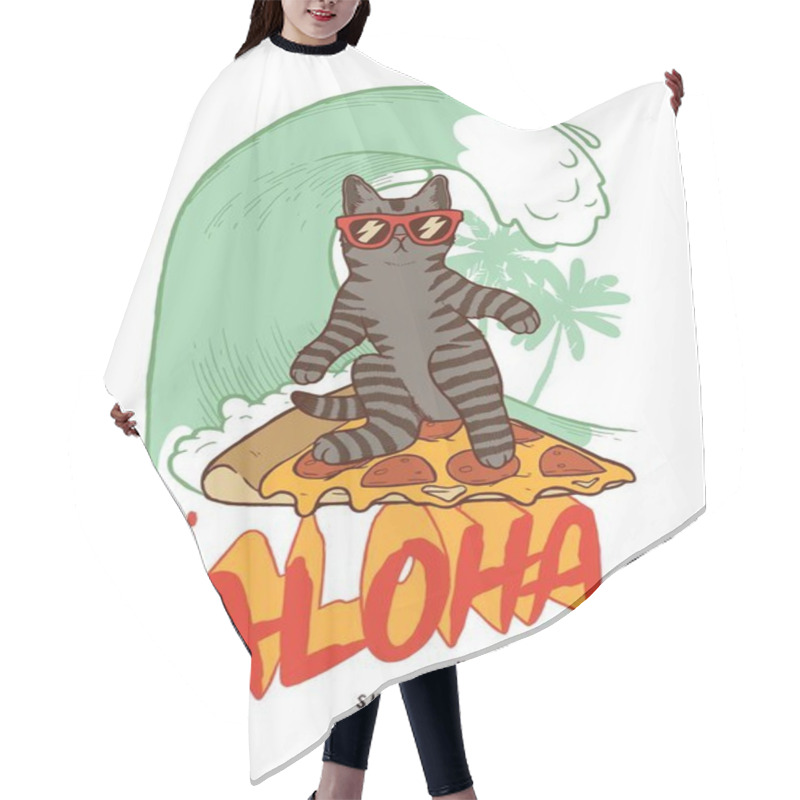 Personality  Cat In Shades Surfing Wave On A Pizza Slice. Summer Vibe Aloha T-shirt Print With A Wave And Palm-trees. Hair Cutting Cape