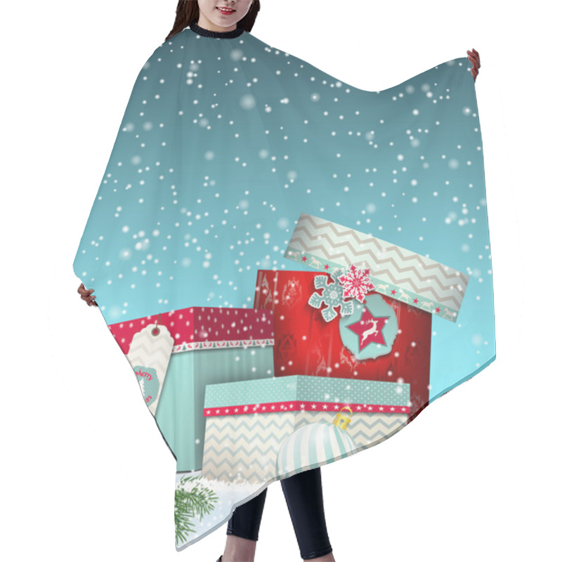 Personality  Cristmas Greeting Card With Giftbox In Snowdrift, Winter Theme, Illustration Hair Cutting Cape