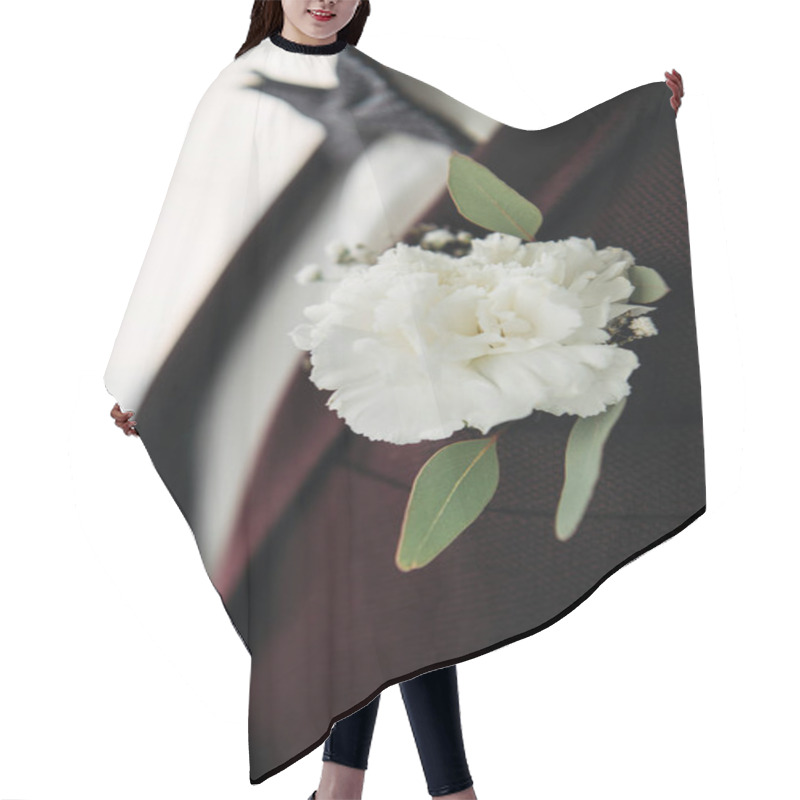 Personality  Partial View Of Groom In Suit With Beautiful White Corsage Hair Cutting Cape