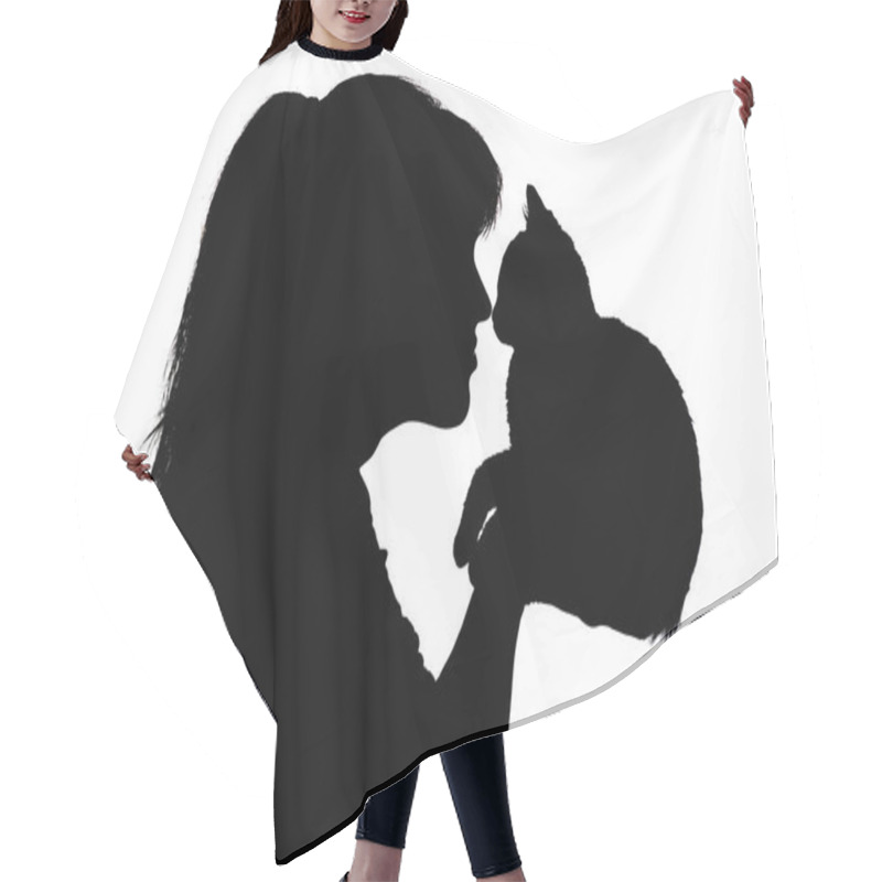 Personality  Silhouette Of A Beautiful Woman That Nose To Nose With A Small Kitten In Her Arms, The Concept Of Caring For Animals, Favorite Pets Hair Cutting Cape