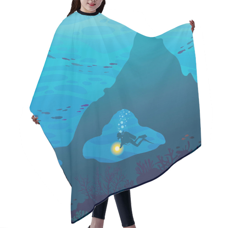 Personality  Wild Marine Life - Underwater Cave, Coral Reef And Scuba Diver. Hair Cutting Cape