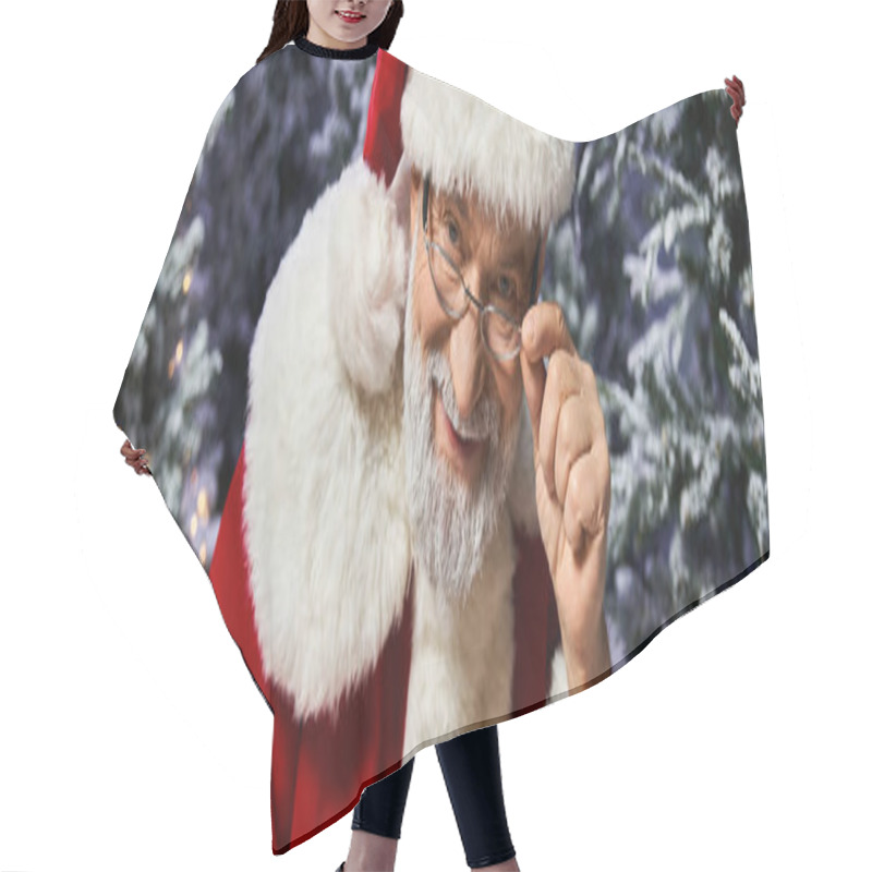 Personality  A Cheery Figure Dressed As Santa Claus Shares Laughter And Warmth In A Snowy Forest Setting. Hair Cutting Cape