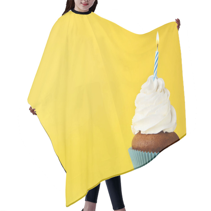 Personality  Tasty Cupcake With Candle On Yellow Background Hair Cutting Cape